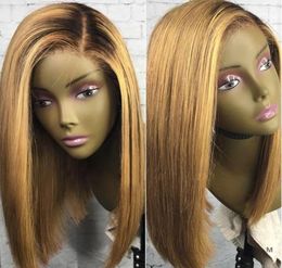 13X4 Honey Blonde Lace Front Human Hair Wigs T1B27 Brazilian 130 Remy Hair Short Bob Wig Black Root Bleached Knots Medium Ratio9358035
