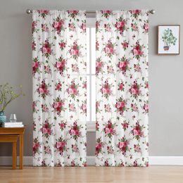 Curtains Red Rose Flower Plant Printed Curtains Drape Sheer Tulle Home Decoration Living Room Bedroom Cortinas Chiffon Window Curtains