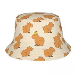 Berets Unisex Bucket Hat Capybara Cartoon Summer Beach Vacation Getaway Headwear Foldable Outdoor Fishing Fisherman Bob
