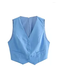 Women's Vests YENKYE 2024 Women Sky Blue Front Button Cropped Waistcoat Sexy Sleeveless V Neck Female Chic Vest Tops