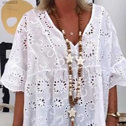 Basic Casual Dresses Women Mini Dress Fashion V-Neck Hollow Out Embroidery Pattern Short Sleeves White Color Ruffle Dress Summer Casual Loose Cover-uL2403