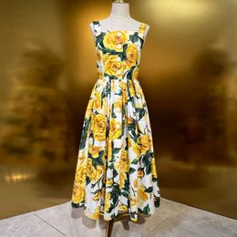 European fashion brand cotton yellow floral printed gathered waist slip midii dress