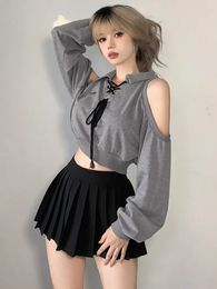 Deeptown Y2K Vintage Gray Cropped Hoodies Women Harajuku Sexy Off Shoulder Sweatshirts Korean Loose Casual Chic Tops Gothic Kpop 240314