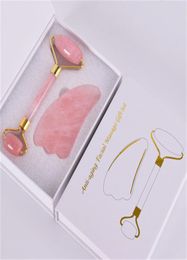 Natural Pink Crystal Jade Roller Double Head Rose Quartz Massage Roller Real Stone Facial Massager Guasha Tool Set With Box R12716647903