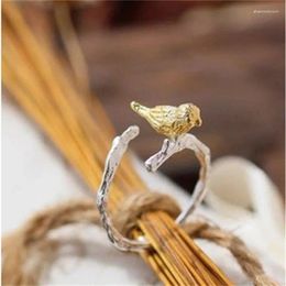 Cluster Rings 925 Sterling Silver Branch Golden Bird Opening Ring For Women Female Fashion Personality Exquisite Hand Ornament Fine Jewelry