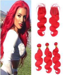 Bright Red Human Hair Weaves With Lace Closure 3 Bundle Deals Human Hair Extension With Middle Way Parting Lace Closure6848172