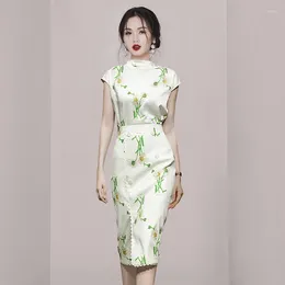 Women's Two Piece Pants 2024 Fashion Summer Set Women Stand Collar Lace Up Flower Print Tops High Waist Floral Button Deco Bodycon Skirt