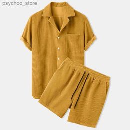 Men's Tracksuits Mens Set 2022 Mens Casual Loose Multi Color Beach Suit Corduroy Short Sleeve Set Two Piece Set Q240314