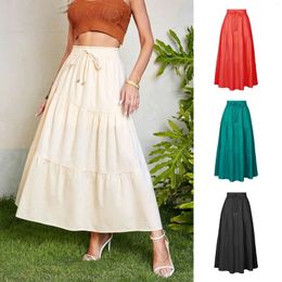 Skirts Fashion Beige Cotton Linen For Women Elegant Elastic Waist Solid Casual Loose Girl Skirt Female Ladies Pleated 2024