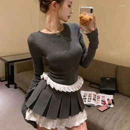 Work Dresses Hsa Grey Tight Fitting Long Sleeved Knit Top For Women's Autumn And Winter Ballet Style Set With Patchwork Pleated Skirt