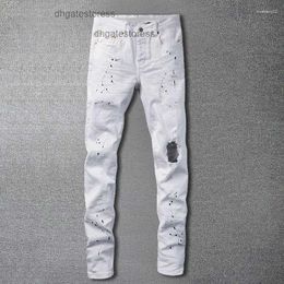 Mens Jeans Purple Brand Men Splashing Ink Ripped Hole Design Jean Hip Hop Style Stretchy Trouser For Motorcycle Pant