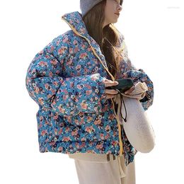 Women's Trench Coats Fashion Floral Print Winter Jacket Korean Loose Thicken Down Cotton Zipper Warm Padded Parka Coat