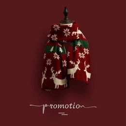 fashion Christmas Knitted Wool Red Scarf Deer Elk Scarfs Printed Snowflake Warm Personality Couple Shawl 240304