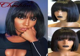 Short Bob 13x4 Lace Front Human Hair Wigs Natural Black Remy Brazilian Bleached Knots Lace Fontal Wig With Bang1799072