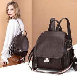 School Bags Genuine Leather Backpack Ladies 2024 Bag Pack Anti Theft Travel Urban Soft Vintage Backbag Punk Style Street Personality