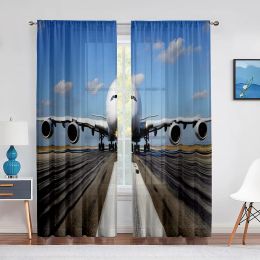 Curtains Aeroplane Aviation Runway Blue Sky Clouds Tulle Curtains for Living Room Bedroom Decoration Sheer Voile Curtain Window Treatments