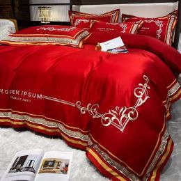 Set Chinese Red 4Pcs Light Luxury Highgrade Bed Sheet Duvet Cover Set Tencel Cool Feeling Bedding Set Embroidery Home Textile Sheer Curtains