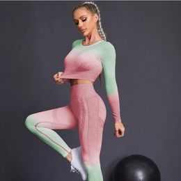 Seamless Yoga Sets Sports Fitnes High Waist Hip Raise Pants Long-Sleeved Suits Workout Clothes Gym Shorts Set for Women 240304