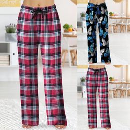 Women's Sleepwear Spring Fashion Casual Plaid Lace Cotton Outer Wear Beach Pants For Women Elastic Waist