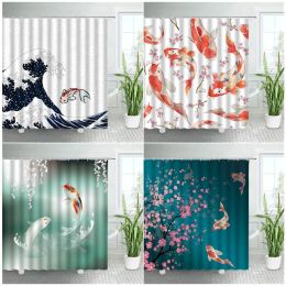 Curtains 3D Red Carp Koi Shower Curtains Set Sea Wave Fish Pink Flowers Chinese Style Decor Bathroom Polyester Fabric Bath Curtain Screen