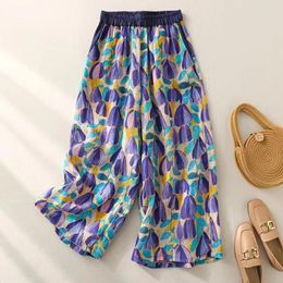 Women's Pants Linen Printed Wide-legged Female Summer Fashion Elegant Flowing Thin Section Of High-waisted Nine-minute Skirt