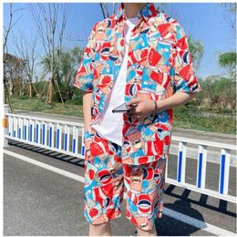 Designer Suit Ice Silk Short Sleeve Floral Shirt Mens Summer Thin Style Breathable Seaside Beach Quick Drying 5-piece Shorts 2-piece Wjej