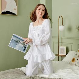 Women's Sleepwear Pajama Set Simple White Princess Style Nightwear Pure Cotton Large Size Loose Cute Home Long Sleeve Pant