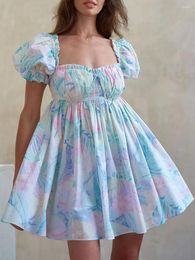 Casual Dresses Women's Summer Mini Dress Short Puff Sleeve Tie-Up Front Floral Print Cute Babydoll