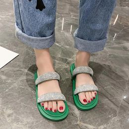 Slippers Thick Bottom Sandals Women Open Toe Flat Shoes Rhinestone Wedges Non-slip Casual Roman Flip Flops