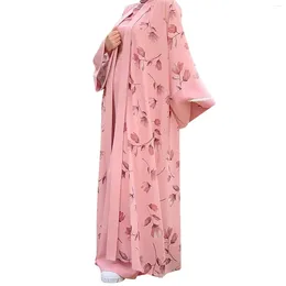Ethnic Clothing Women Muslim Floral Long Jacket Fashionable Elegant Women's Two Piece Suit Pin Striped For