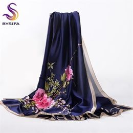 BYSIFA Navy Blue Chinese Roses Women Scarves Fall Winter Utrlong Top Grade Brand Trendy Silk Letters Long Scarf Shawl Wrap 22010328y