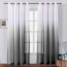 Curtains Faux Linen Sheer Gradient Curtains Voile Grommet Semi Sheer Curtains for Bedroom Living Room Gray Black Gradient