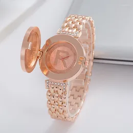 Wristwatches Unique Flip Cover Quartz Watches with Letter R Crystal Diamond Fashion Bling Casual Ladies Bracelet Watch Golden Women 3154 4940