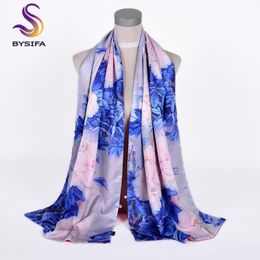 Scarves BYSIFA Chinese Style Blue Pink Peony Silk Shawl Scarf Female Elegant Long Shawls Wraps Fall Winter Warm Thick 175 50cm269x