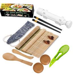 Sushi Maker Kit Bazooka with Bamboo Mats Chopsticks Avocado Slicer Paddle Knife DIY Roller Machine 240304