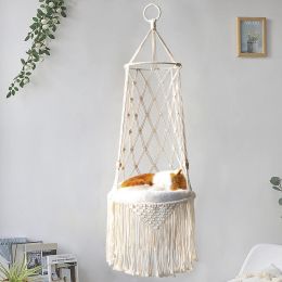 Mats Bohemia Hand Woven Cat Swing Tapestry Bed Macrame Rope Pet Cat Hammock for Cat Perch Wall Hanging Basket Sleeping Mat Home Decor