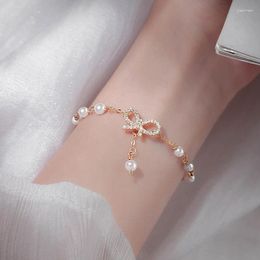 Charm Bracelets Fashion Simulation Pearl Bowknot Rhinestone Gold Colour Chain Pendant Choker For Women Geometric Bracelet Jewellery Gifts