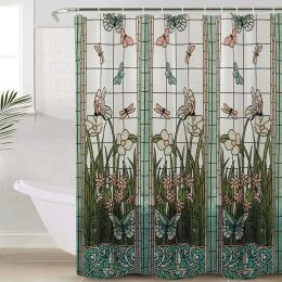 Curtains Waterproof Shower Curtain Stained Glass Meadow Flower Dragonfly Polyester Fabric Bath Curtain Home Hotel Bathroom Shower Curtain