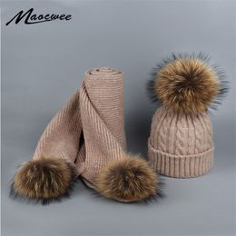 Raccoon Fur Ball Womens Knitted Pom Pom Warm Winter Scarves for Women Fashion Girl Female Scarf 201026273E