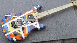 Custom Kram Edward Van Halen White Black Red Blue Yellow Stripes Pacer Sustainer Electric Guitar China EMG Pickup Floyd Rose Tremolo Bridge Gold Hardware