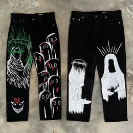 Y2K Harajuku clothing jeans Vintage print hip hop trend American black jeans men women street Gothic casual baggy jeans 240309