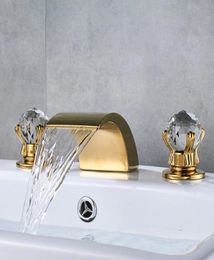 Crystal Handle Golden Waterfall Bathroom Faucet Deck Mount Widespread Bathroom Tub Sink Faucet Chrome Basin Mixer Tap9399346