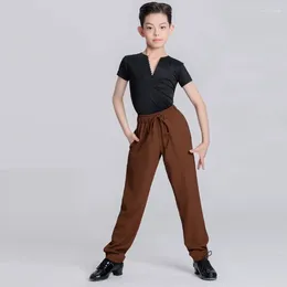Stage Wear Boys Latin Dance Clothes Black V-Neck Tops Brown Pants Tango Ballroom Dancing Performance ChaCha Practise Suit DL11269