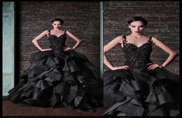 Rami Kadi Black Ball Gown Prom Dresses Tiered Ruffles Vintage Lace Spaghetti Puffy Prom Dresses Low Back Pageant Party Gowns1787632