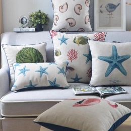 Pillow American Mediterranean Pillowcase Seaweed Starfish Linen Pillow Fish Cushion Waist Throw Pillows Home Decorative Sofa Cushions