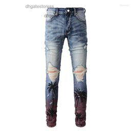 Mens Jeans Light Indigo Painted Printing Streetwear Graffiti Slim Fit Distressed Skinny Stretch Scratched Ripped Pants