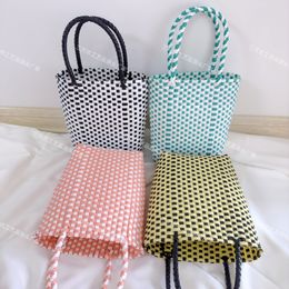 Jelly Bag Handmade Color Plaid Beach Portable Bucket Vegetable Basket Woven Straw Tote Bag