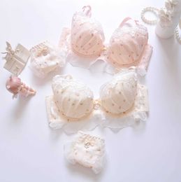 Long term chiffon bicolor embroidery thin cup student girls cute gathering sexy underwear bra set