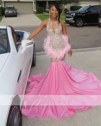Diamonds Pink Prom Dress For Black Girls Glitter Bead Crystal Rhinestones Feathers Evening Birthday Party Gown