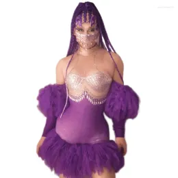 Stage Wear Fashion Purple Rhinestones Mesh Ruffles Tutu Evening Party Dress Women Latin Dance Costume Bodycon Club Prom